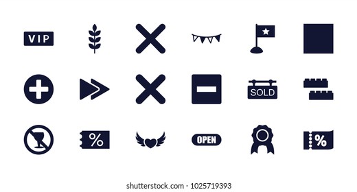 Banner icons. set of 18 editable filled banner icons: wheat, vip, child building kit, minus, ticket on sale, medal, no alcohol, fast forward, cancel, party flag, sold tag
