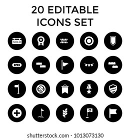 Banner icons. set of 20 editable filled banner icons such as medal, building block, flag, award, party flag, sold tag, open. best quality banner elements in trendy style.