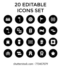 Banner icons. set of 20 editable filled banner icons such as child building kit, star, jackpot, cancel, medal, building block. best quality banner elements in trendy style.