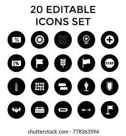 Banner icons. set of 20 editable filled banner icons such as child building kit, ticket on sale, wheat, flag, heart angel wings. best quality banner elements in trendy style.