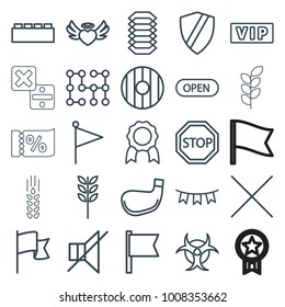 Banner icons. set of 25 editable outline banner icons such as vip, wheat, medal, building block, shield, heart angel wings, flag, no sound, cancel, party flag, open, stop