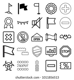 Banner icons. set of 25 editable outline banner icons such as flag, minus, ticket on sale, cancel, medal, no alcohol, devil heart with wings, award, no sound, chart on display