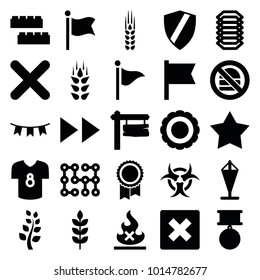 Banner icons. set of 25 editable filled banner icons such as wheat, child building kit, star, cancel, shield, direction board, award, flag, party flag, football t shirt