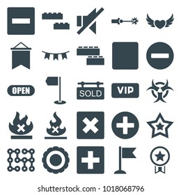 Banner icons. set of 25 editable filled banner icons such as plus, minus, cancel, flag, no fire, award, no sound, stop, party flag, sold tag, open, electric circuit, hazzard