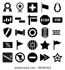 Banner icons. set of 25 editable filled banner icons such as star, plus, ticket on sale, flag, building block, shield, direction board, no alcohol, award, fast forward