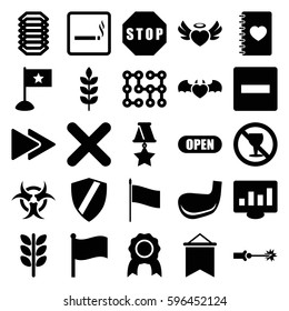 banner icons set. Set of 25 banner filled icons such as wheat, smoking area, no alcohol, notebook with heart, heart angel wings, devil heart with wings, fast forward, cancel