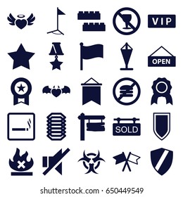 Banner icons set. set of 25 banner filled icons such as smoking area, vip, child building kit, star, direction board, no alcohol, no fire, heart angel wings