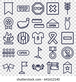 Banner icons set. set of 25 banner outline icons such as vip, child building kit, jackpot, direction board, no alcohol, flag, no fire, heart angel wings, ribbon, open, stop