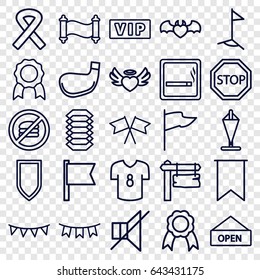 Banner icons set. set of 25 banner outline icons such as smoking area, vip, direction board, heart angel wings, devil heart with wings, no sound, party flag, ribbon, flag