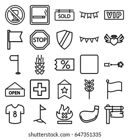 Banner icons set. set of 25 banner outline icons such as smoking area, vip, wheat, direction board, no alcohol, no fire, heart angel wings, stop, party flag, sold tag
