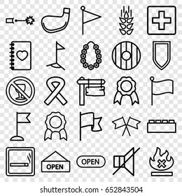 Banner icons set. set of 25 banner outline icons such as smoking area, wheat, direction board, no alcohol, flag, no fire, notebook with heart, no sound, ribbon, garland, open