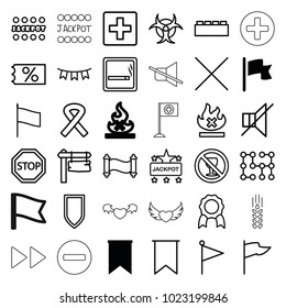 Banner icons. set of 36 editable outline banner icons such as flag, smoking area, jackpot, plus, ticket on sale, medal, building block, direction board, no alcohol, no fire