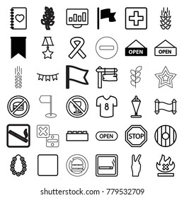 Banner icons. set of 36 editable outline banner icons such as flag, open plate, wheat, smoking area, plus, building block, no fast food, direction board, no alcohol, no fire