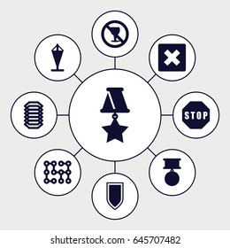 Banner icons set. set of 9 banner filled icons such as no alcohol, stop, electric circuit, shield, medal, flag