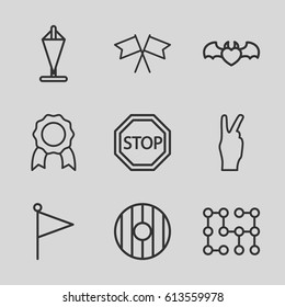 Banner icons set. set of 9 banner outline icons such as devil heart with wings, flag, stop, electric circuit, shield, medal