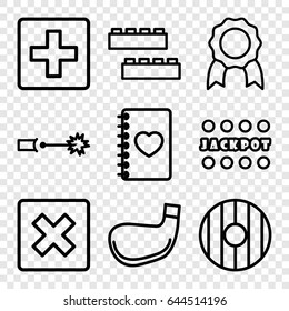 Banner icons set. set of 9 banner outline icons such as child building kit, jackpot, notebook with heart, electric circuit, shield, golf stick, plus, cancel
