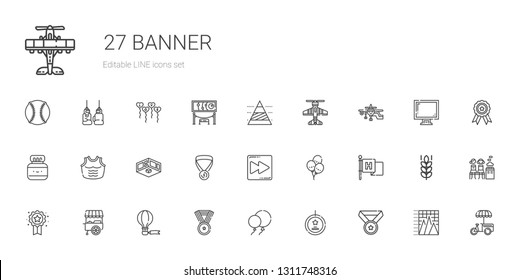 banner icons set. Collection of banner with medal, best seller, balloons, hot air balloon, stand, badge, flag, fast forward, exhibition, armor. Editable and scalable banner icons.