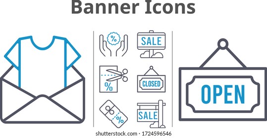 banner icons set. included newsletter, sale, voucher, discount, closed, open icons. bicolor styles.