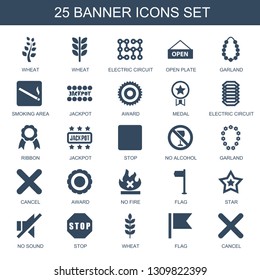 banner icons. Trendy 25 banner icons. Contain icons such as wheat, electric circuit, open plate, garland, smoking area, Jackpot, award, medal. banner icon for web and mobile.