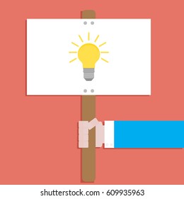 Banner with idea. Advertisement business poster electric lamp, vector illustration