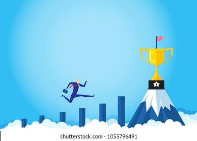 Banner ideas startup business to success.
Businessman jumping on the graph to goal.Trophies on mountain.Concept of creating business for success.Award,Champion,Goal.vector illustration.