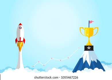 Banner ideas startup business to success.Rocket ship flying and graph and trophies on mountain.Concept of creating business for success.Award,Champion,Profit,Goal.vector illustration.