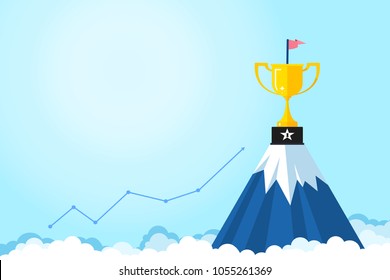 Banner idéias negócio inicialização para sucesso.Troféus são colocados na montanha com gráfico em fundo azul claro.Sucesso após o trabalho árduo.Goals.Award.Successful.Finance.Vector ilustração.