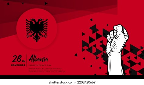 Banner illustration of Albania independence day celebration with text space. Waving flag and hands clenched. Vector illustration.