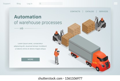 Banner Illustration Automation Warehouse processes. An Employee Company Man Regulates Work Robots in Factory. Loaders Load Large Truck with Boxes. Vector Illustration Landing Page.