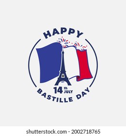 Banner illustration of Bastille Day celebration with Eifel Tower, Waving flag and hands clenched icon. Vector illustration.