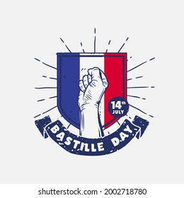Banner illustration of Bastille Day celebration with  Waving flag and hands clenched icon. Vector illustration.