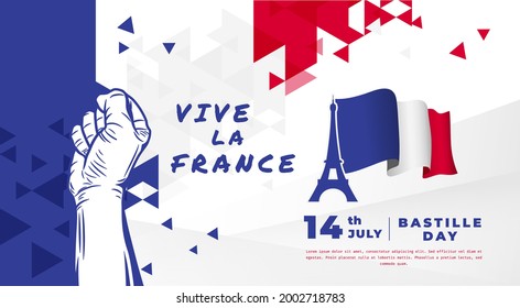 Banner illustration of Bastille Day celebration. Flag and Eifel tower icon. Viva la France means Long live France. Vector illustration.