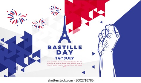Banner illustration of Bastille Day celebration with Eifel Tower, Waving flag and hands clenched icon. Vector illustration.