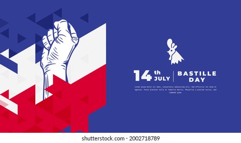 Banner illustration of Bastille Day celebration with Waving flag and hands clenched icon. Vector illustration.