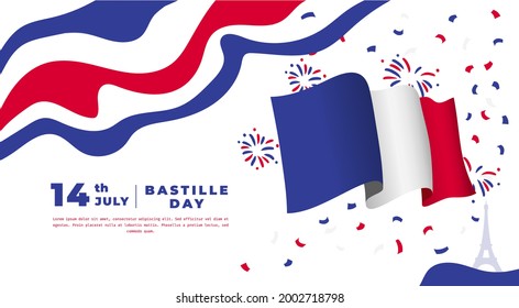 Banner illustration of Bastille Day celebration with Eifel Tower, Waving flag and hands clenched icon. Vector illustration.