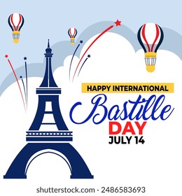 Banner illustration of Bastille Day celebration with Eifel Tower, Waving flag and French National Day July 14