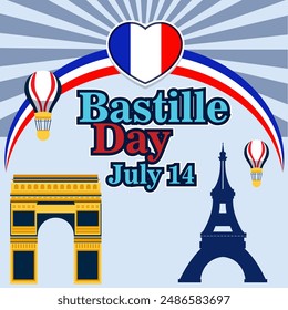 Banner illustration of Bastille Day celebration with Eifel Tower, Waving flag and French National Day July 14