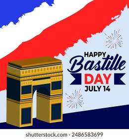 Banner illustration of Bastille Day celebration with Eifel Tower, Waving flag and French National Day July 14