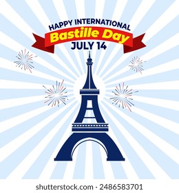 Banner illustration of Bastille Day celebration with Eifel Tower, Waving flag and French National Day July 14