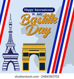 Banner illustration of Bastille Day celebration with Eifel Tower, Waving flag and French National Day July 14