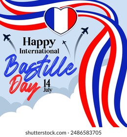 Banner illustration of Bastille Day celebration with Eifel Tower, Waving flag and French National Day July 14