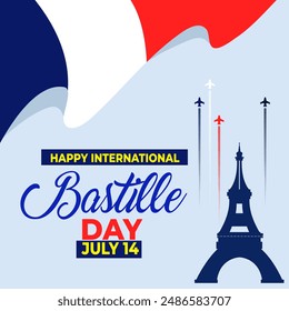 Banner illustration of Bastille Day celebration with Eifel Tower, Waving flag and French National Day July 14