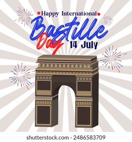 Banner illustration of Bastille Day celebration with Eifel Tower, Waving flag and French National Day July 14