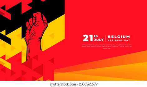 Banner illustration of Belgium National day celebration. Waving flag and hands clenched. Vector illustration.