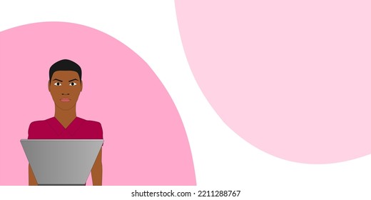 Banner with Illustration of black boy with short-sleeved shirt on computer
