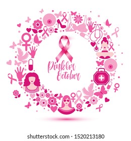 Banner Illustration of breast cancer for october awareness month. Icon in weath.