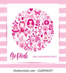 Banner Illustration of breast cancer for october awareness month. Circle composition.