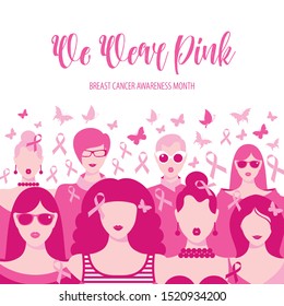 Banner Illustration of breast cancer for october awareness month. Icon with girls, go pink.