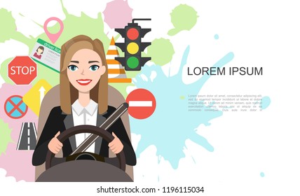 Banner illustration of businesswomen driving a car. Set of road symbols and woman driver character