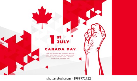 Banner illustration of Canada Day celebration. Waving flag and hands clenched. Vector illustration.
